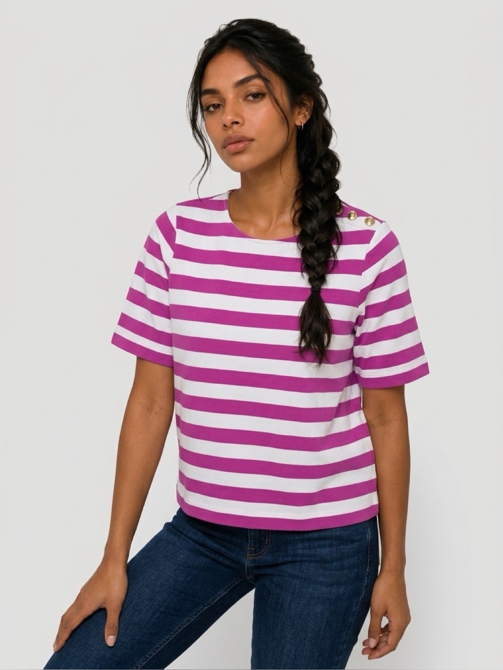 J. Crew Pink White Striped Gold Button Shoulder Short Sleeve Tee